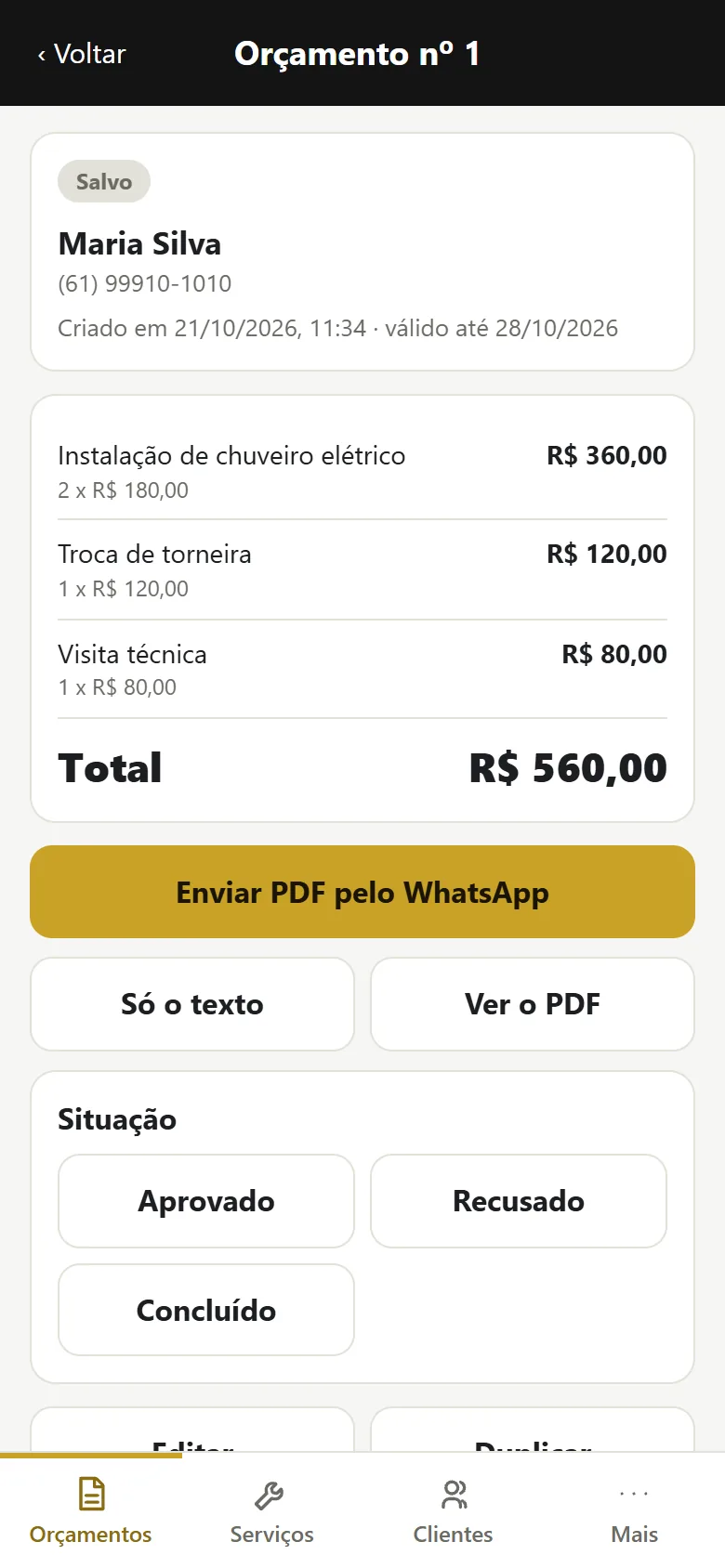 Celular com o orçamento pronto e o botão de enviar o PDF pelo WhatsApp