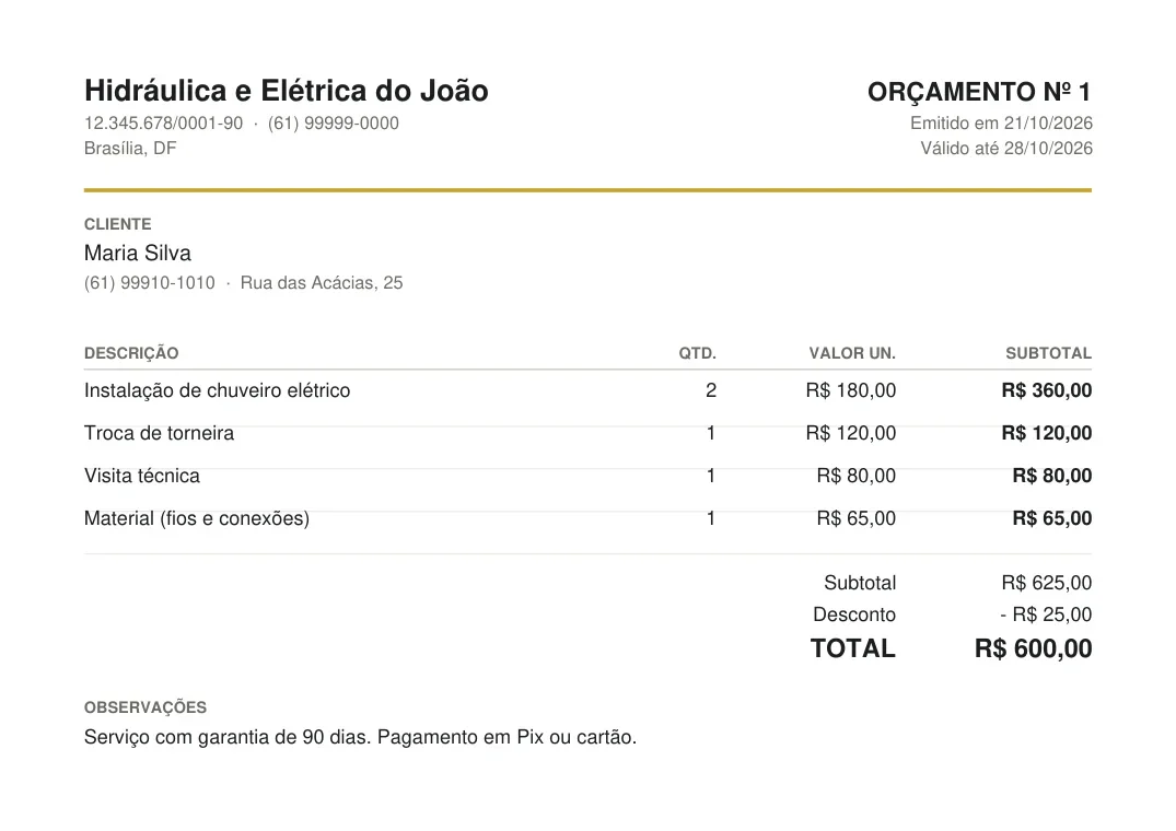 Exemplo de orçamento em PDF com itens, desconto, total e observações